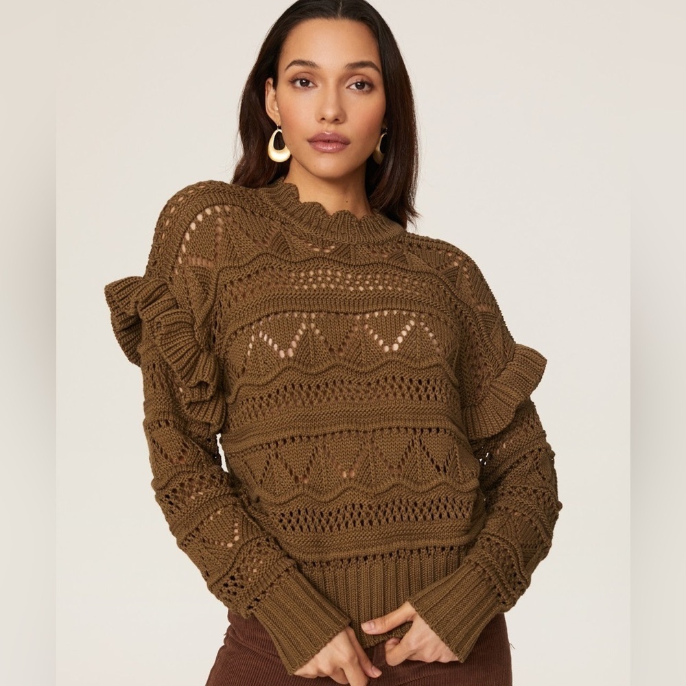 Joie Olive Brown Open-Knit Ruffle Crewneck Sweater